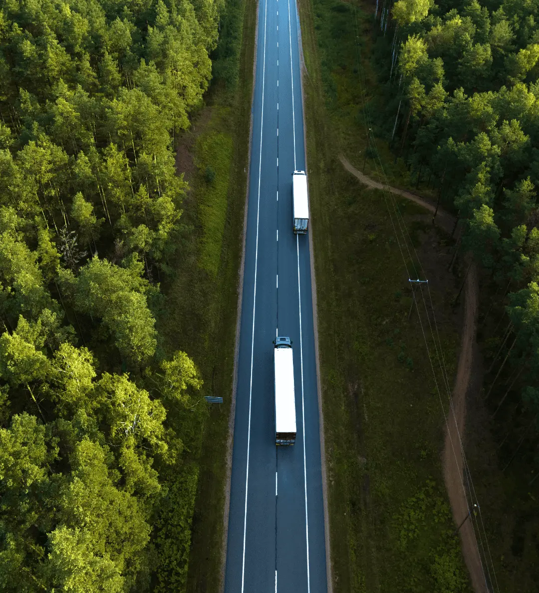 Freight trucks on a highway through green forest, en route across Europe
